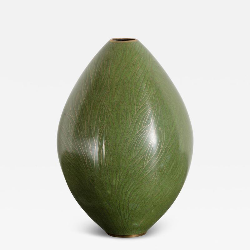 Robert Kuo Contemporary Tear Drop Cloisonn Vase in Verde Grass Design by Robert Kuo