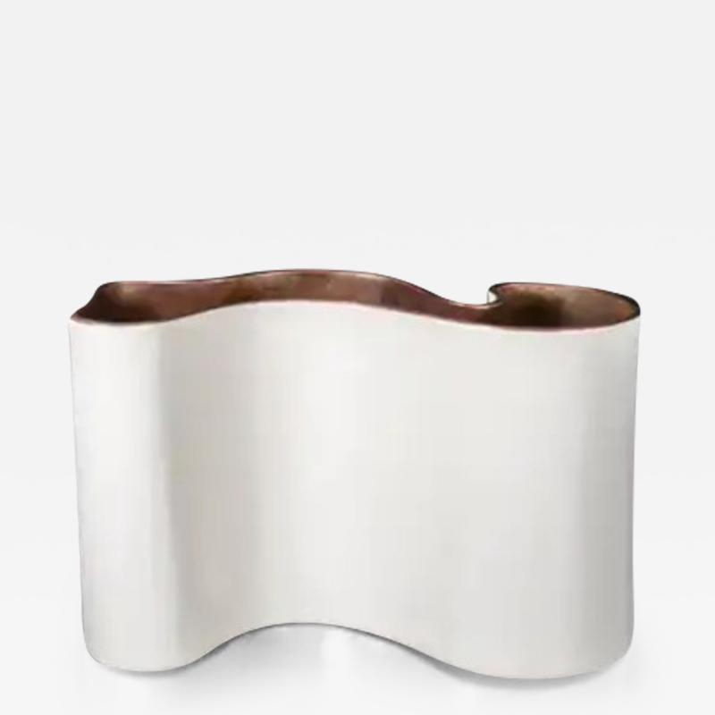 Robert Kuo Cream Lacquer Hand Repouss Root Vase with Copper Trim by Robert Kuo