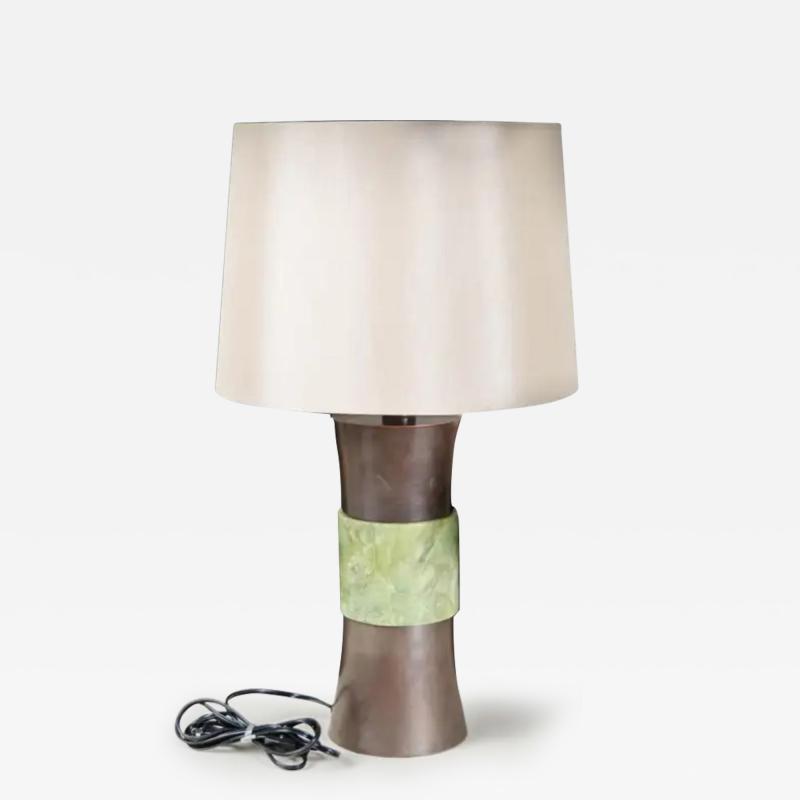 Robert Kuo Gu Copper Lamp W Nephrite Jade by Robert Kuo Hand Carved Repousse Limited