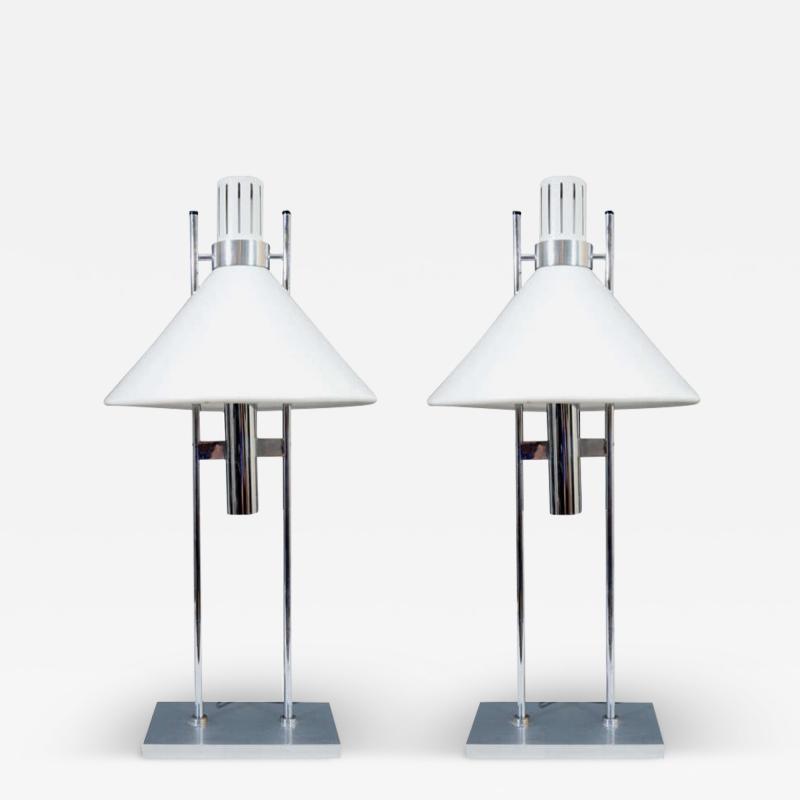 Robert Sonneman Sonneman Lighting MID CENTURY MODERNIST WHITE CONE SHADE AND CHROME LAMPS BY ROBERT SONNEMAN