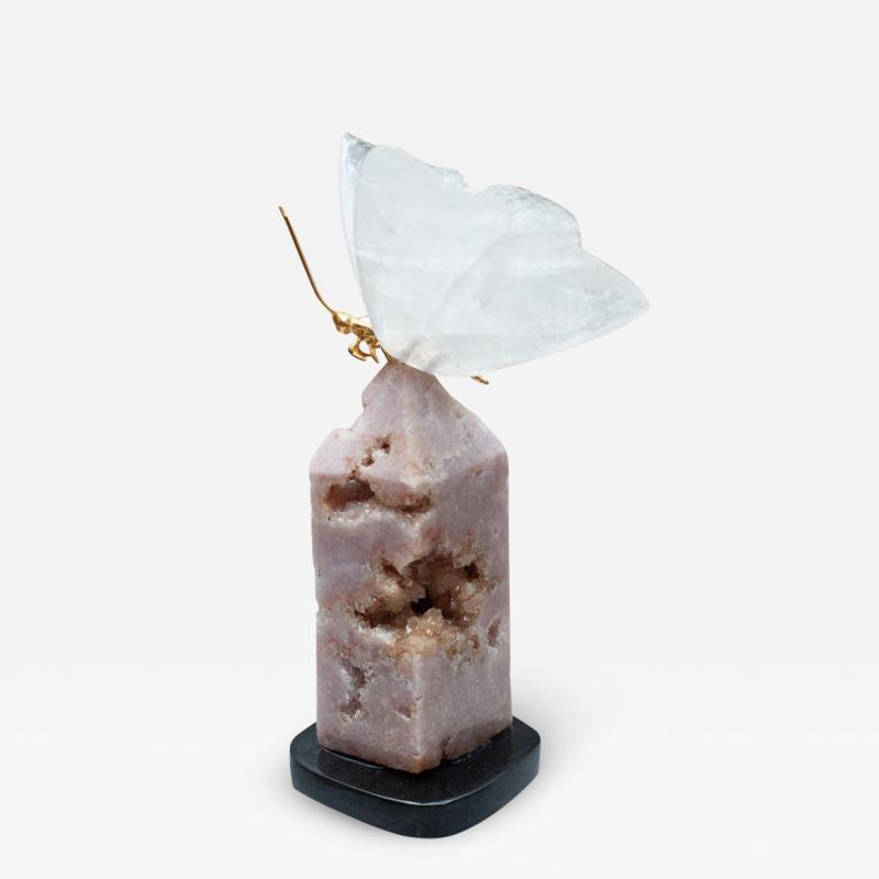 Rock Crystal Butterfly Sculpture on Pink Geode Obelisk Base