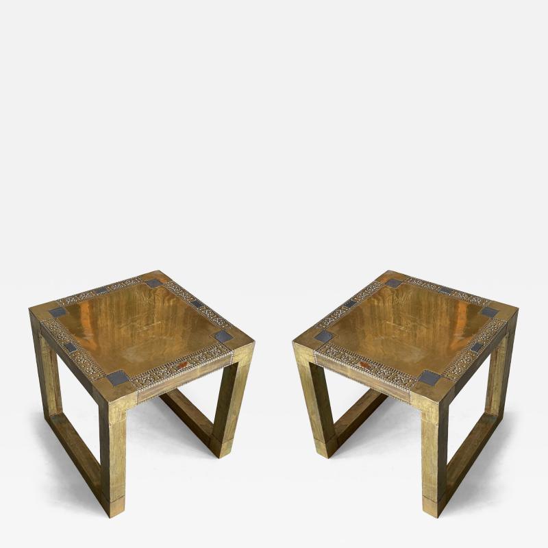 Rodolfo Dubarry A Pair of Spanish Etched Brass Pewter Side Tables circa 1970