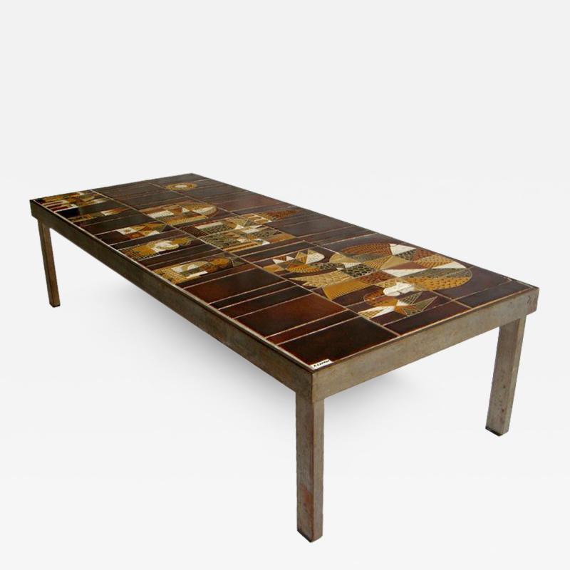 Roger Capron French 1960s Metal Base and Ceramic Top Coffee Table by Roger Capron