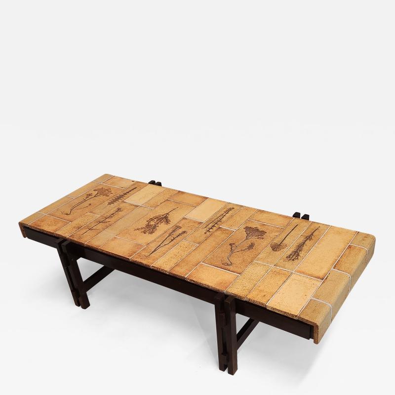 Roger Capron Large Coffee Table with Garrigue Tiles on Wood Frame by Roger Capron 1970s