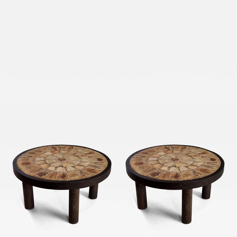 Roger Capron PAIR of Vintage tables by Roger Capron Garrigue Tiles with Leaves Signed