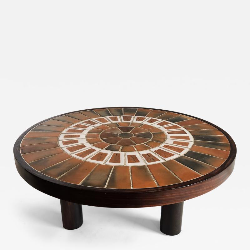 Roger Capron Round Ceramic end Table from the Herbiers Series on Wood Legs by Roger Capron