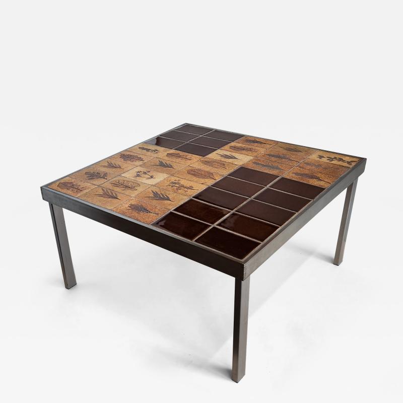 Roger Capron Square End Table Garrigue Brown Ceramic Tiles Dovetail Metal Frame Capron