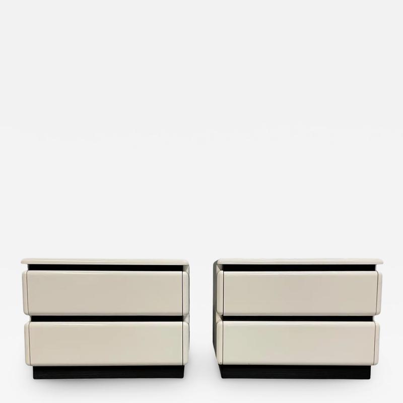 Roger Rougier Post Modern 1980s Lacquered White Nightstands W Rubber Accents by Roger Rougier