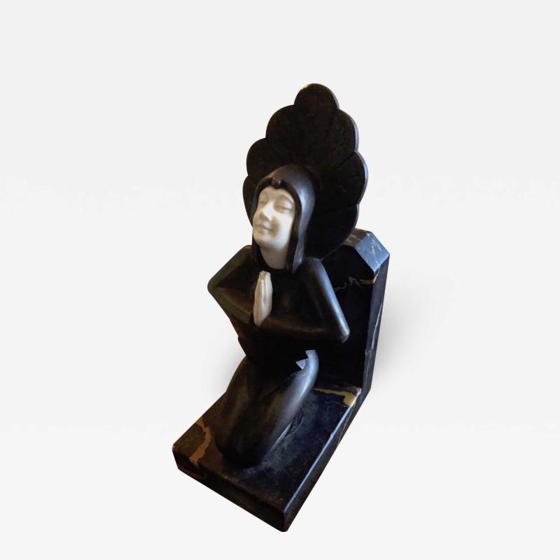 Roland Paris Roland Paris Bronze Ivoroid Praying Bookends Art Deco Iron Marble