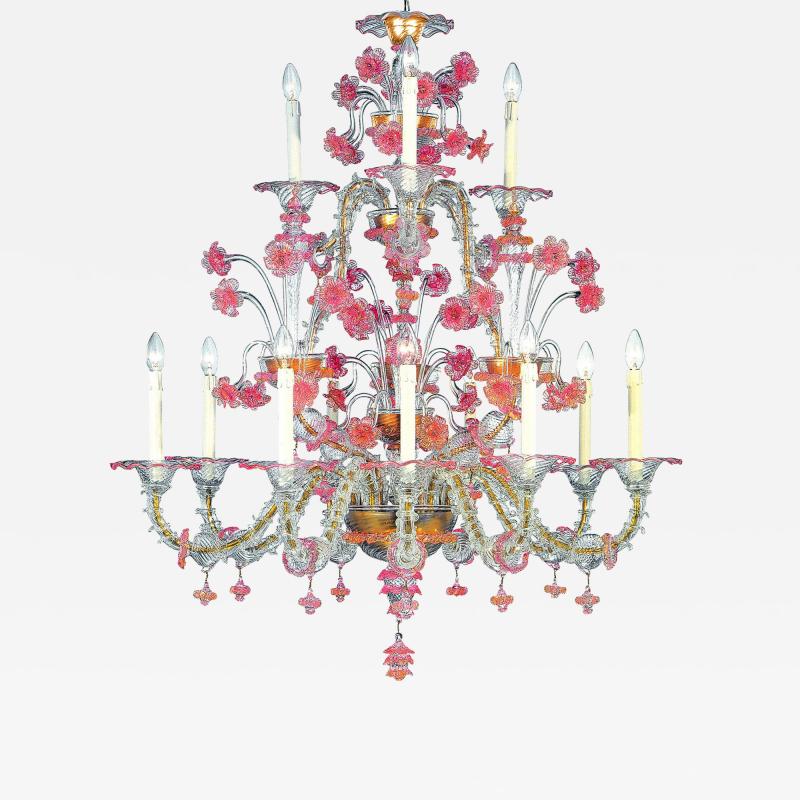 Romantic Transparent and Pink Floreal C Rezzonico Chandelier in Murano Glass