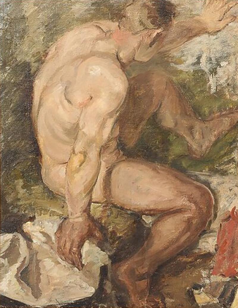 Romanticist Oil on Burlap Painting of a Nude Male Figure Bathing in a River