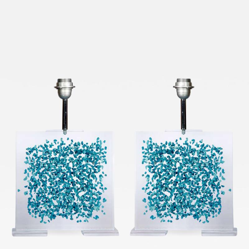 Romeo Paris Pair Of Lamps with turquoise inclusion in Lucite by Romeo Paris