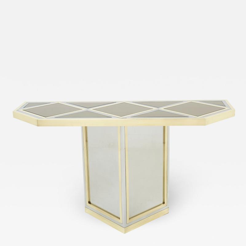 Romeo Rega Brass chrome steel mirrored console table by Romeo Rega 1970s