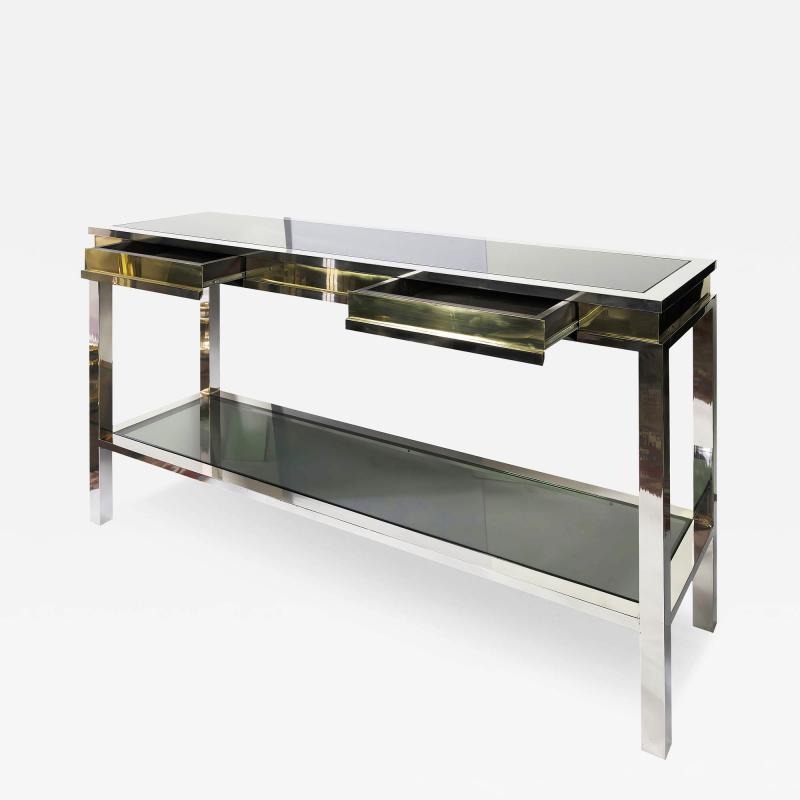 Romeo Rega Mid Century Italian Console Table with Drawers in Brass Chrome Glass 1970s