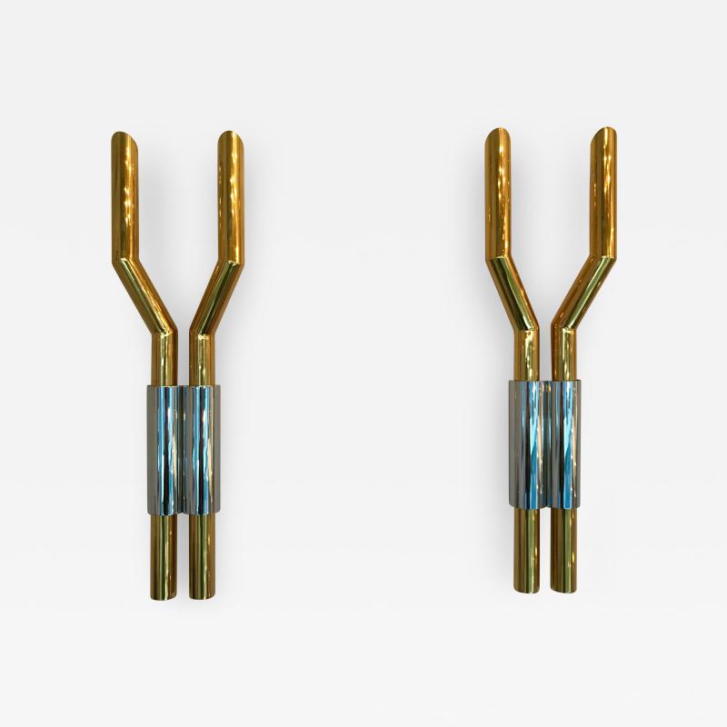 Romeo Rega Pair of Brass Chrome Sconces by Romeo Rega Italy 1970s