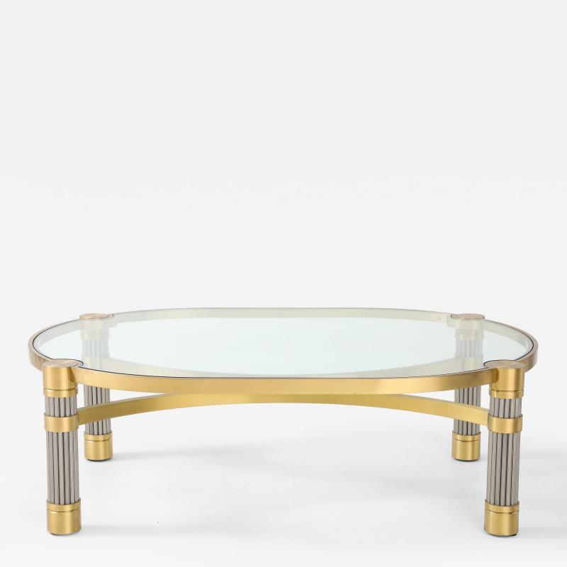 Ron Seff 1980s Oval shaped Brass Steel and Glass Coffee Table by Ron Seff