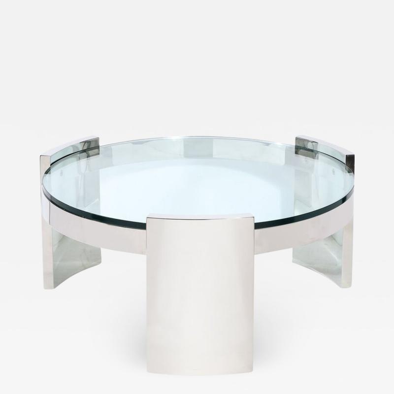 Ron Seff Mid Century Modern Radius Glass Stainless Steel Cocktail Table by Ron Seff