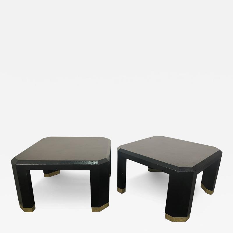 Ron Seff Pair of American Modern Black Lacquer Linen Brass Occasional Low TablesRon Seff