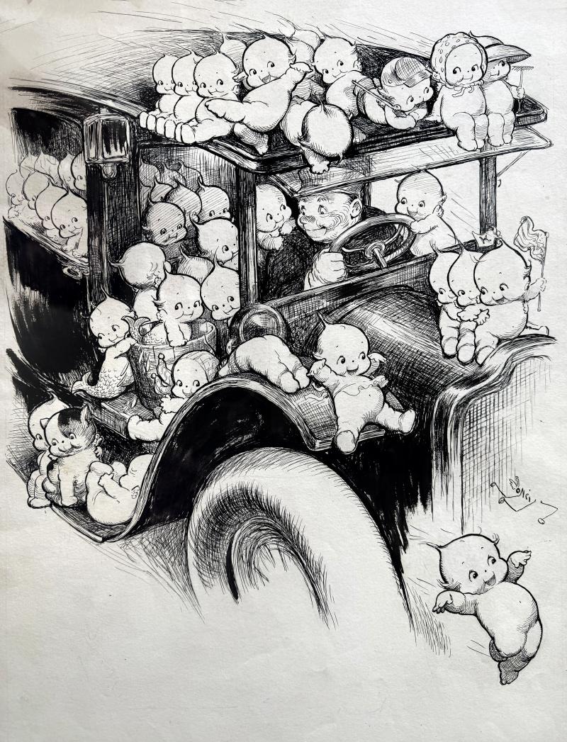 Rose Cecil O Neill Kewpie Car Hop On and Go to a Happy Place Pen and Ink Original