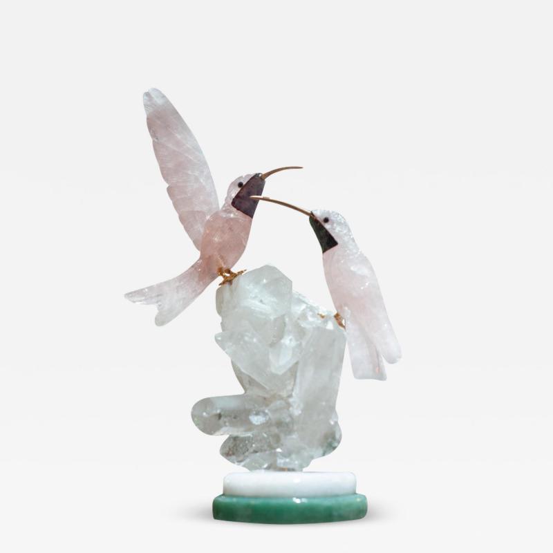 Rose Quartz Hummingbird Pair Sculpture on Rock Crystal and Marble Mineral Base