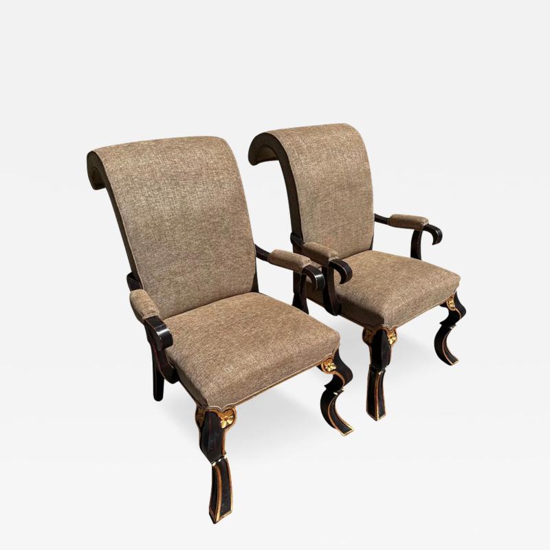 Rose Tarlow Pair of Rose Tarlow Black Chinoiserie Scroll Back Arm Chairs
