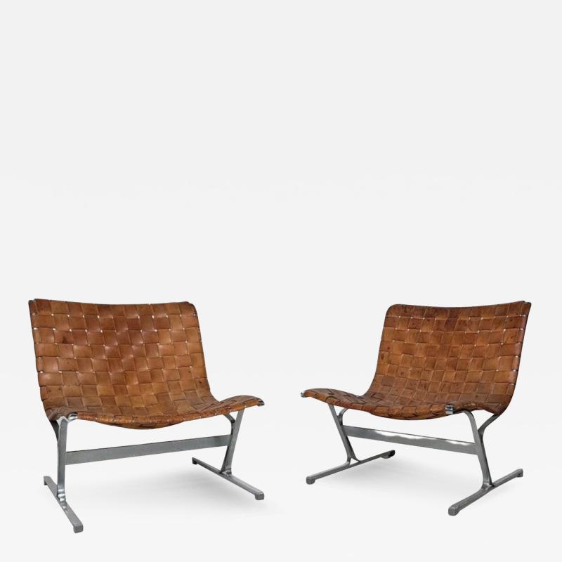 Ross F Littell Mid Century Pair of Lounge Chairs by Ross Littell for ICF Cognac Leather Italy