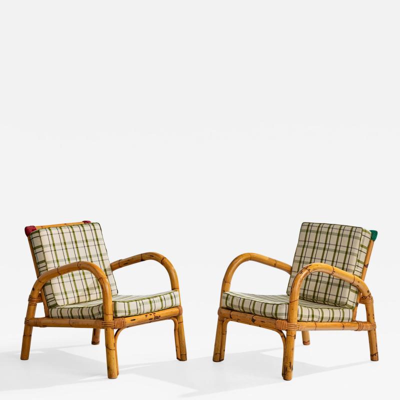 Rotan Lounge Chairs with Bamboo Rattan and Fabric Italy 1950s