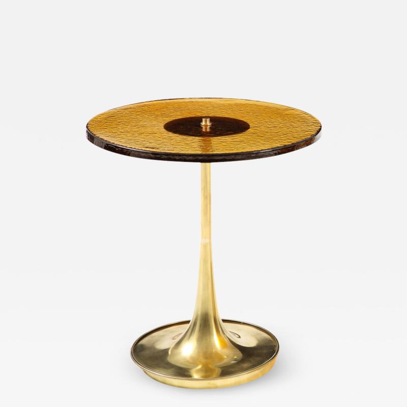 Round Amber Deep Gold Murano Glass and Brass Martini or Side Table Italy