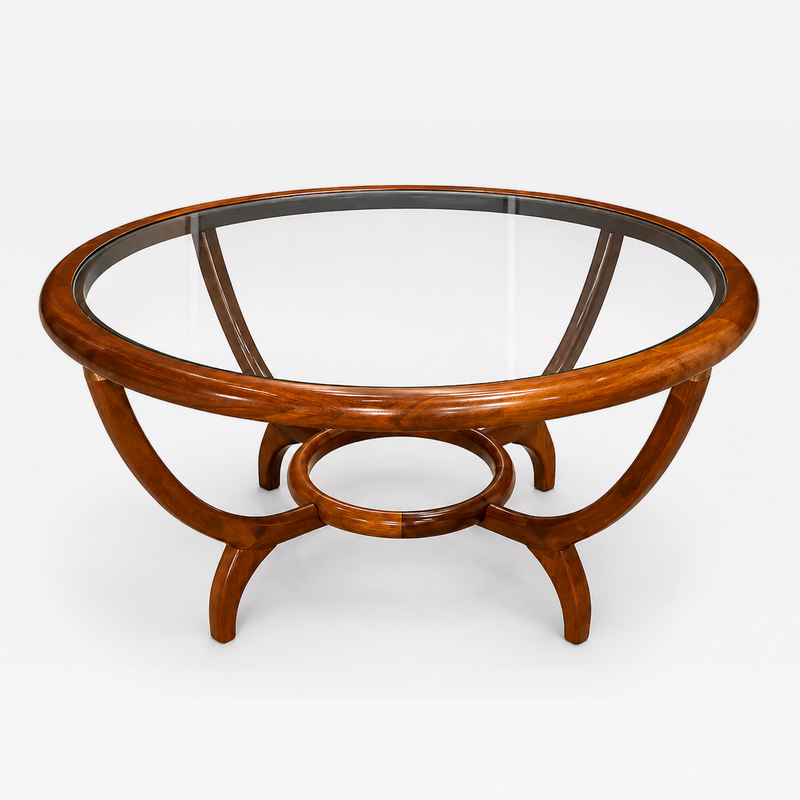 Round Coffee Table in Cavi na Wood Glass by Giuseppe Scapinelli Brazil 1950s