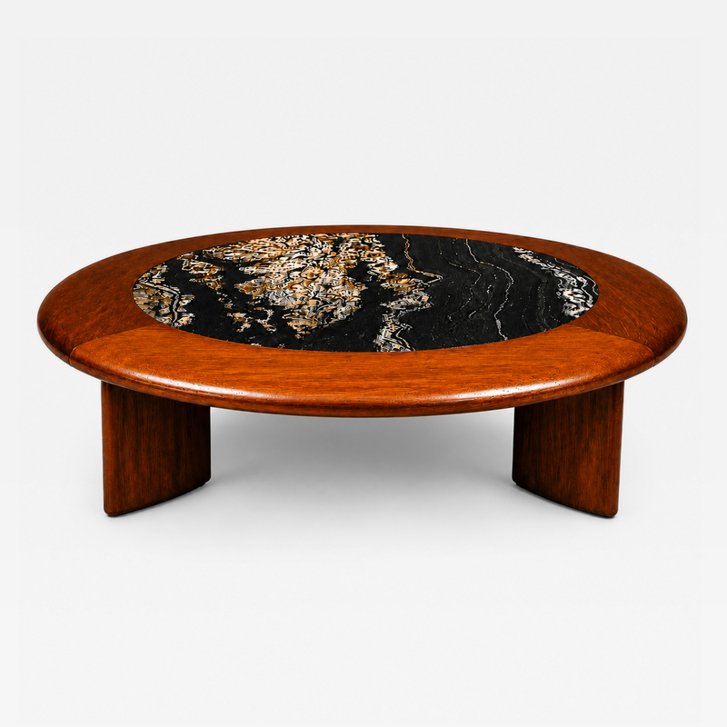 Round Coffee Table in Imbuia Wood Black Fossil Stone Brazilian Modern