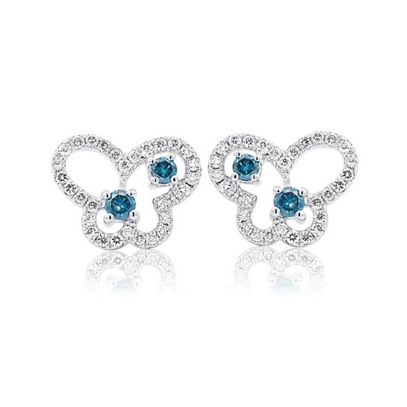 Round Cut Blue and White Diamond Butterfly Outline Stud Earrings