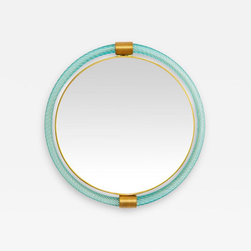 Round Light Blue Twisted Rope Murano Glass Mirror in Stock