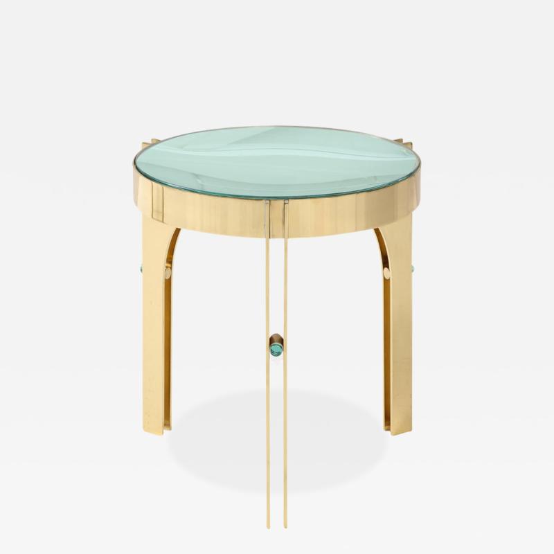 Round Martini Drinks Side Table in Brass with Soft Green Optical Glass Italy