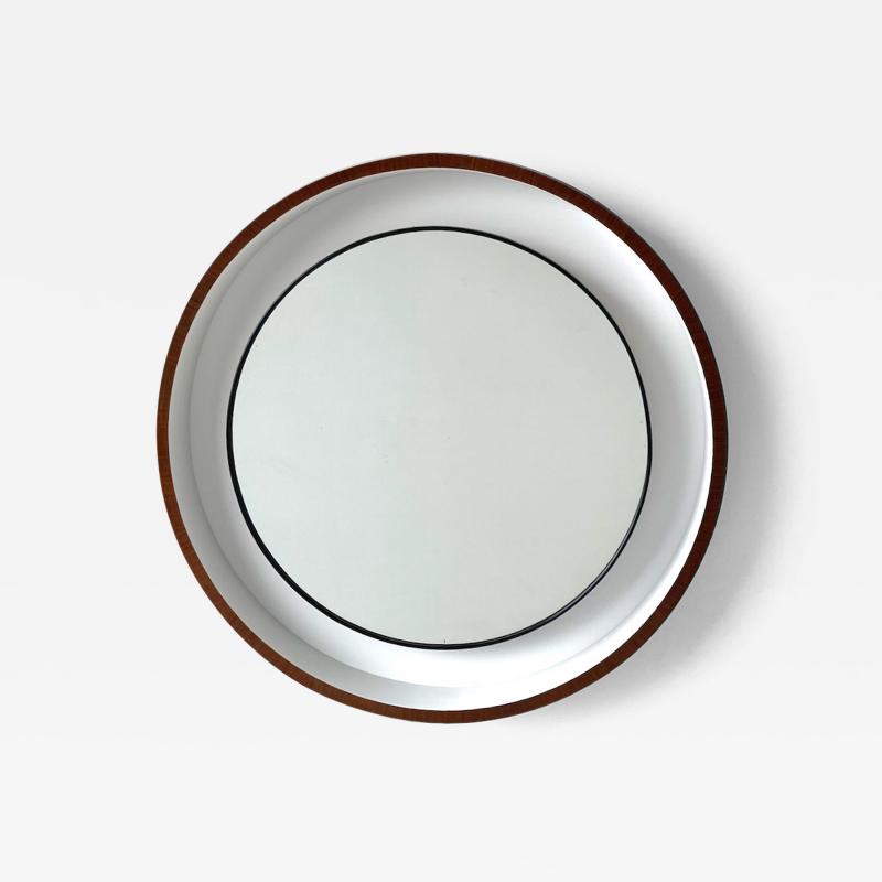 Round Mid Century Backlit Vanity Mirror with Walnut Frame Italy 1960s
