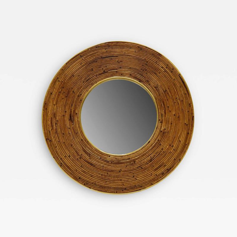 Round Mid Century Modern Mirror with Wicker Frame