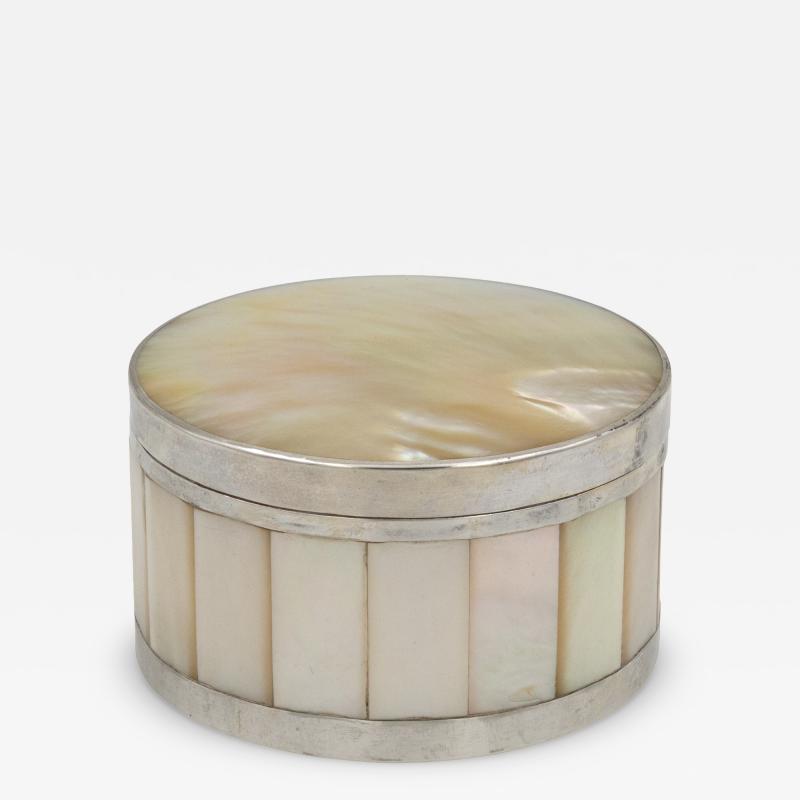Round Mother of Pearl Powder Box with Silver Mounts English circa 1890