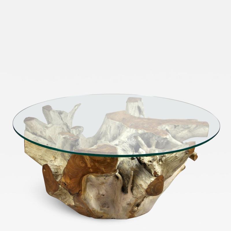 Round Organic Teak Root Coffee Table with Safety Glass Plate 2021