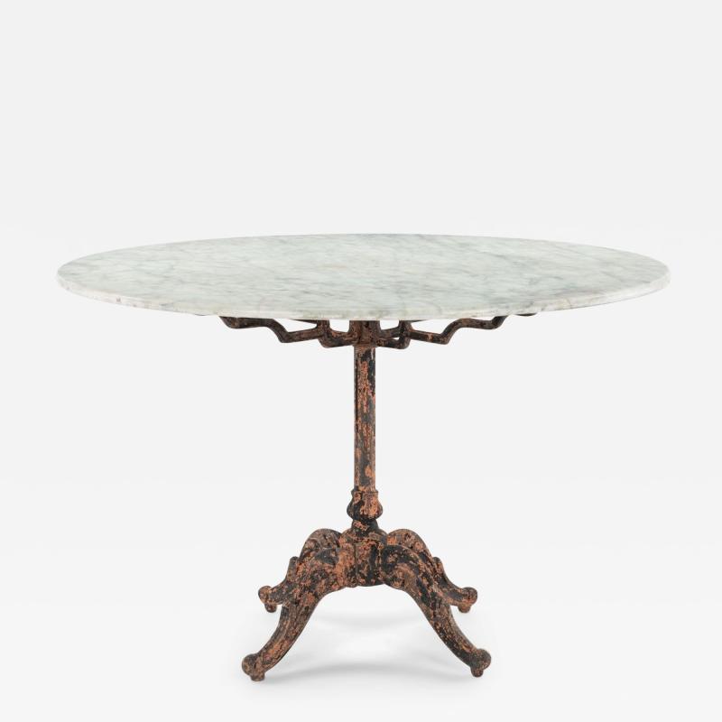 Round White Marble Top Table Upon Painted Iron Base