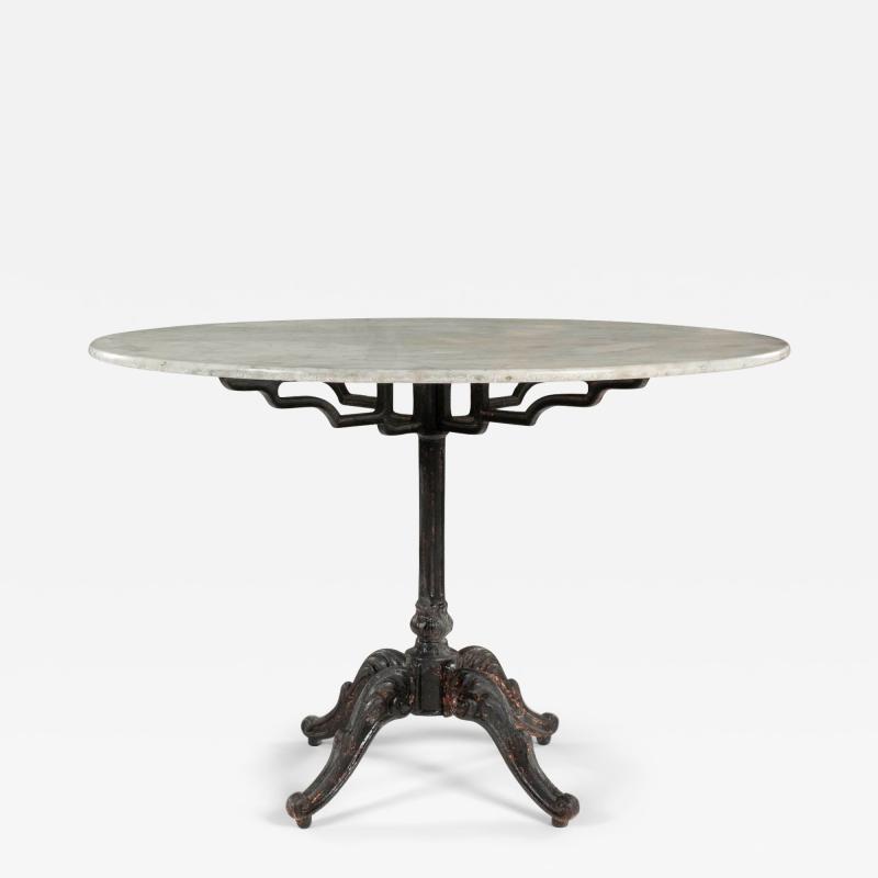 Round White Marble Top Table Upon Painted Iron Base