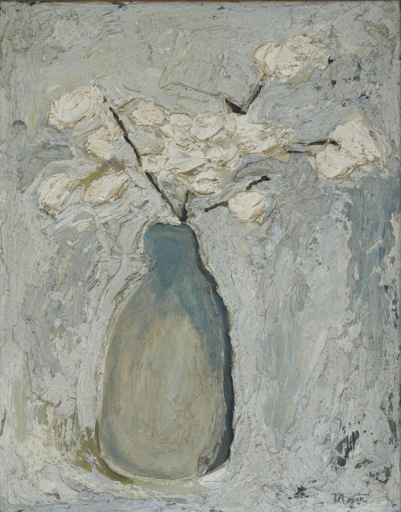 Roy Moyer Textured Still Life with Vase and White Blooms by Roy Moyer