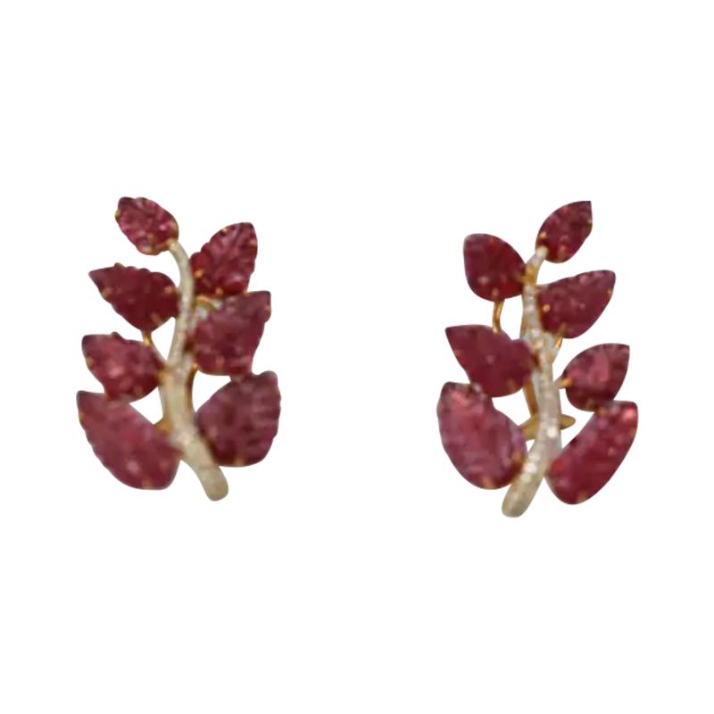 Rubellite Carved Leaf Earrings 17 5 Carats 14K