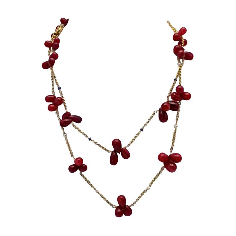 Ruby Bead Drop Necklaces Seed Pearls Sapphire Doubled 14 Karat