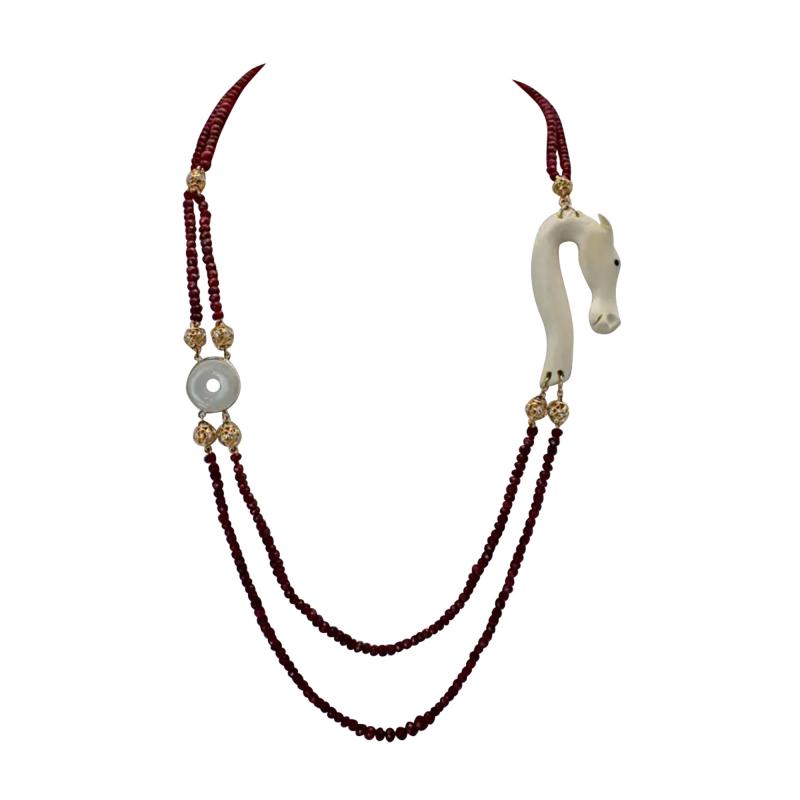 Ruby Bead Necklace w Jade Bone Diamonds 18K Yellow Gold