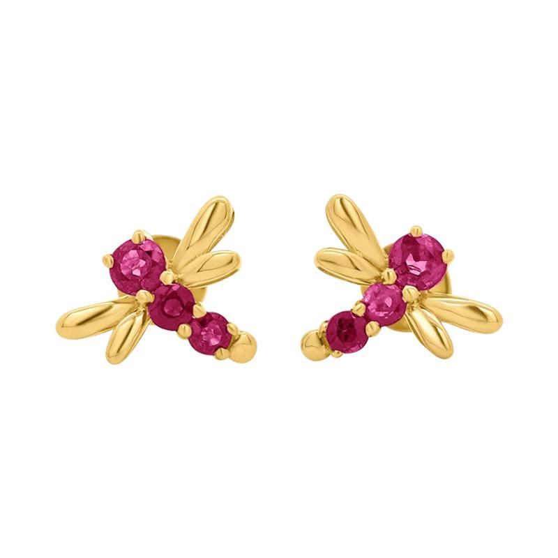 Ruby Dragonfly Stud Earrings in 14K Gold