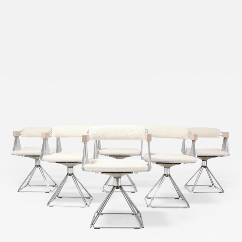 Rudi Verelst Four Postmodern Chromed Steel Wire Swivel Chairs with Ivory Wool Seating