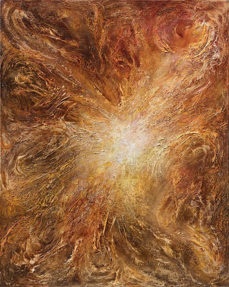 Ruggero Vanni Birth of Light Abstract Gestural Oil Painting with Orange and Yellow Colors