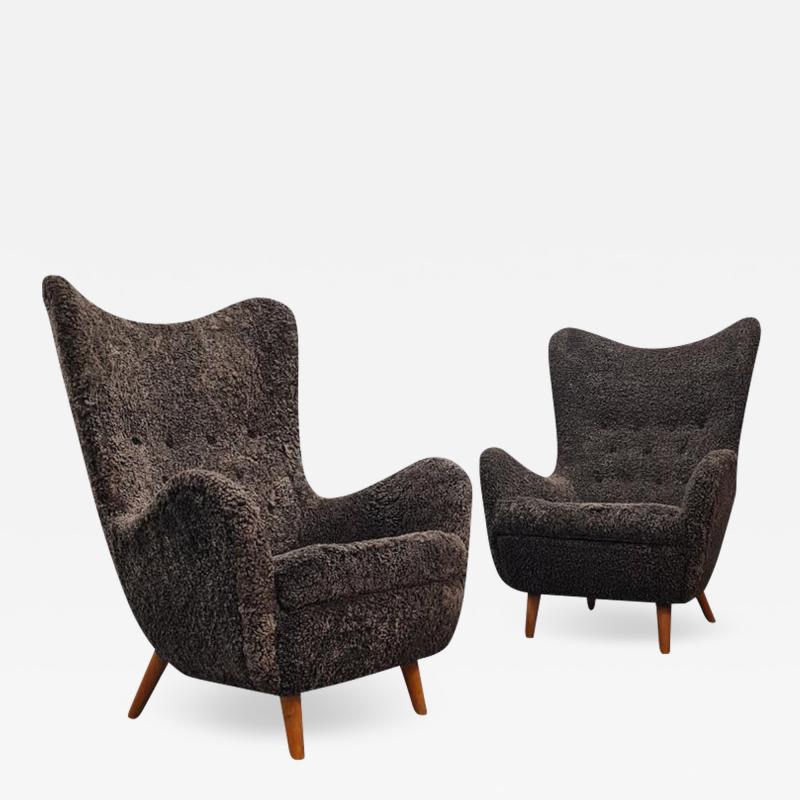 Runar Engblom Pair of Iconic Runar Engblom Vaakuna Chairs in Chocolate brown Sheepskin 1950s