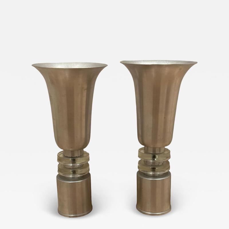 Russel Wright Aluminum Torchiere Pair with Glass Ring Accents