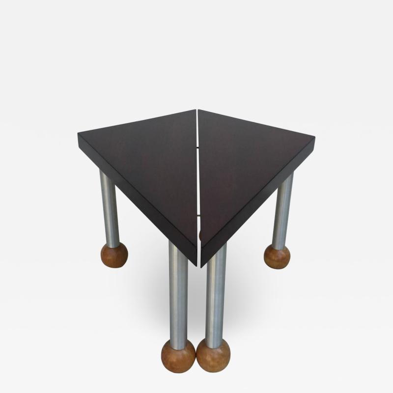 Russel Wright Pair Triangular Tables Spun Aluminum Legs Blonde Mahogany Ball Feet