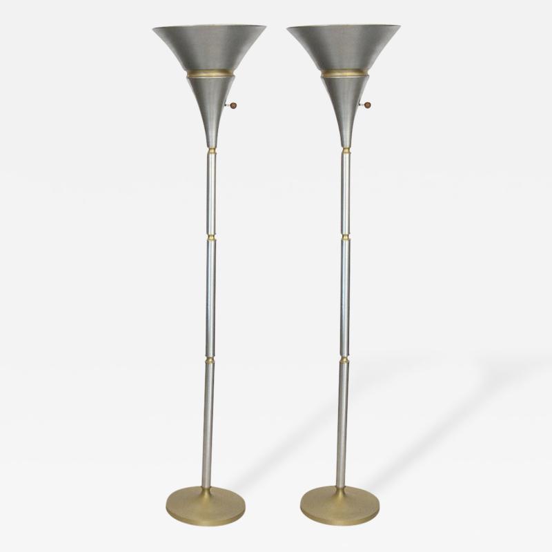 Russel Wright Pair of Aluminum and Brass Torchiere Lamps by Russel Wright